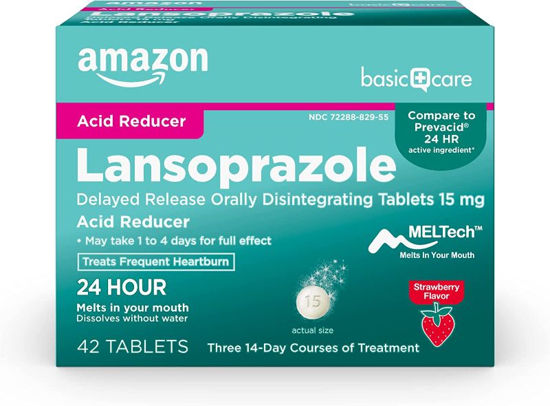 Photo 1 of  EXP 10/22 Amazon Basic Care Lansoprazole Delayed Release Orally Disintegrating Tablets 15 mg, Acid Reducer, Strawberry Flavor, 42 Count