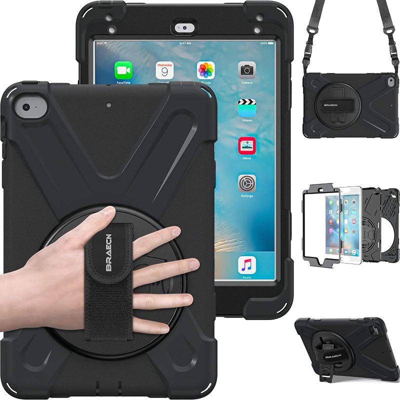 Photo 1 of BRAECN iPad Mini5 Case,iPad Mini4 Shockpoof Case Three Layer Drop Protection Rugged Protective Heavy Duty Cover w/ 360 Degree Swivel Stand/Hand Strap and Shoulder Strap for iPad Mini 2019 Case (Black)