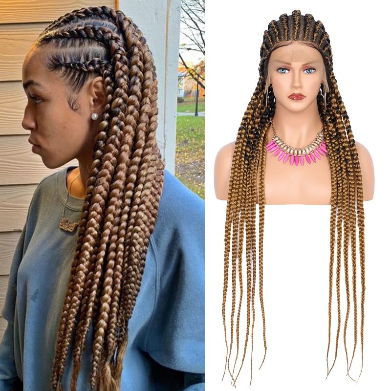 Photo 1 of 36" Full Head Lace Front Box Braided Cornrow Braids Lace Frontal Wig Synthetic Hand Braided Ombre Light Brown Wigs with Baby Hair for Women (Ombre Light Brown)