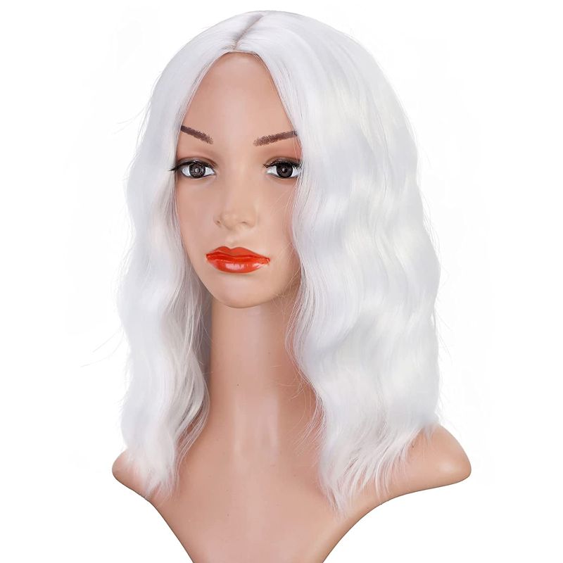 Photo 1 of Earfodo White Wigs For Women 14 Inch Shoulder Length Prime White Wig Heat Resistant Best Synthetic Wigs Middle Part Short Curly Wavy Bob Wig for Ladies Daily Cosplay Party Halloween Use