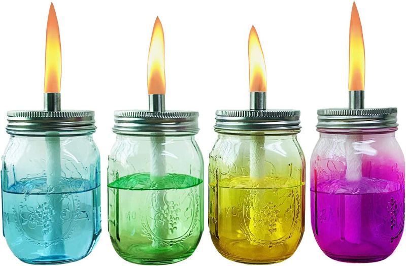 Photo 1 of Aobik Multicolored Glass Outdoor Tabletop Torch Set, Fiberglass Wicks,Stainless Steel Lid with Fire Cover Caps,6-inch High,Blue,Green,Yellow & Rose,Set of 4 (4 Colors Jars Included)