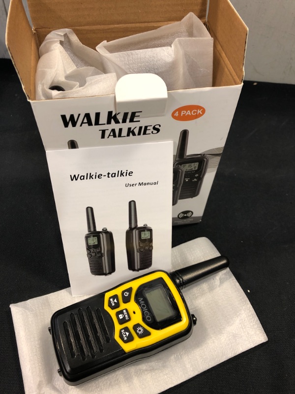 Photo 1 of Walkie Talkies with 22 FRS Channels, MOICO Walkie Talkies for Adults with LED Flashlight VOX Scan LCD Display, Long Range Family Walkie Talkie for Hiking Camping Trip (Yellow, 4 Pack)