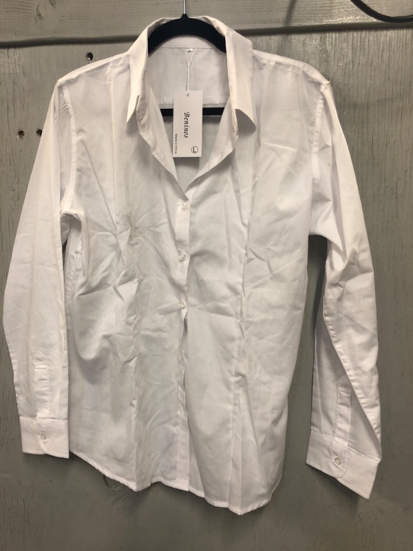 Photo 1 of BENINOS WOMEN'S WHITE BUTTON UP DRESS SHIRT. SIZE LARGE