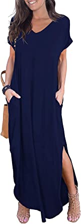 Photo 3 of GRECERELLE Women's Casual Loose Pocket Long Dress Short Sleeve Split Maxi Dresses, COLOR NAZY BLUE, SIZE XS