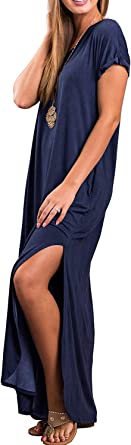 Photo 1 of GRECERELLE Women's Casual Loose Pocket Long Dress Short Sleeve Split Maxi Dresses, COLOR NAZY BLUE, SIZE XS