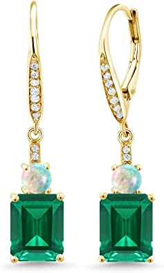 Photo 1 of 4.50 Ct Green Simulated Emerald White Simulated Opal 18K Yellow Gold Plated Silver Dangle Earrings For Women