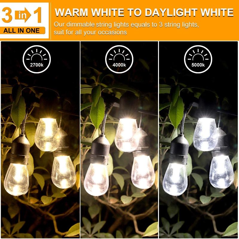 Photo 2 of 3 Color Outdoor LED Dimmable String Lights for Patio with Remote, Plug in 48FT Waterproof LED Edison Bulb String Light, Warm White Daylight White Shatterproof LED Light String for Cafe Bistro Pergola