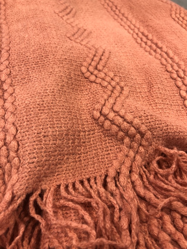 Photo 3 of BOURINA DUSTY PINK / CORAL THROW BLANKET , SOFT DECORATIVE KNIT, WITH FRINGE