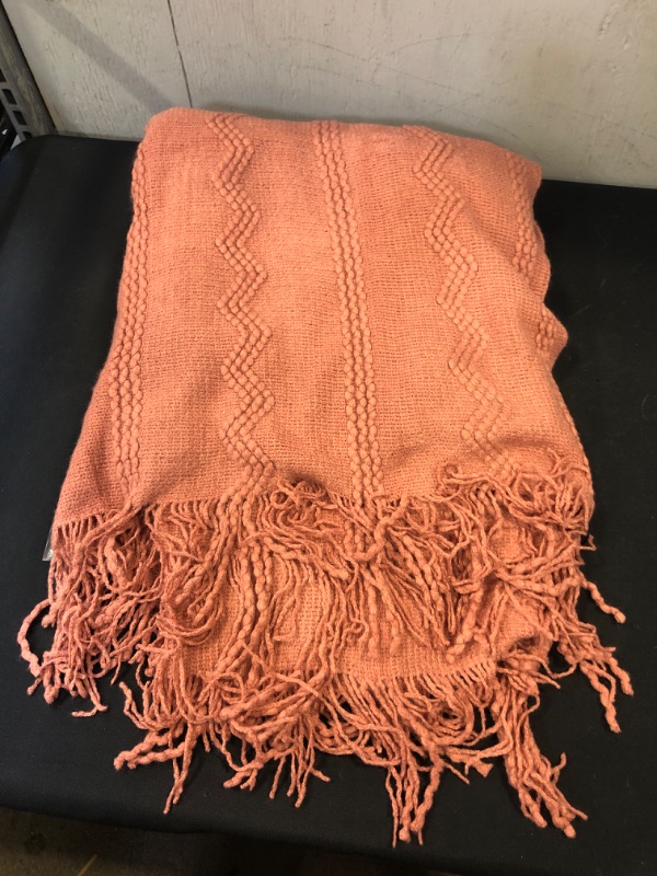 Photo 2 of BOURINA DUSTY PINK / CORAL THROW BLANKET , SOFT DECORATIVE KNIT, WITH FRINGE