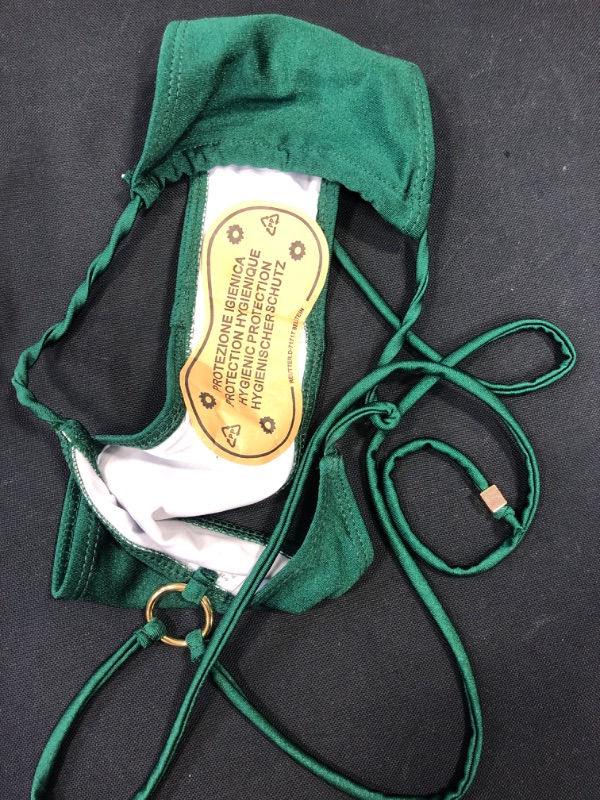 Photo 2 of EMERALD GREEN WOMEN'S 2 PIECE TIE-UP BIKINI, W GOLD HARDWARE ACCENTS. SIZE SMALL 