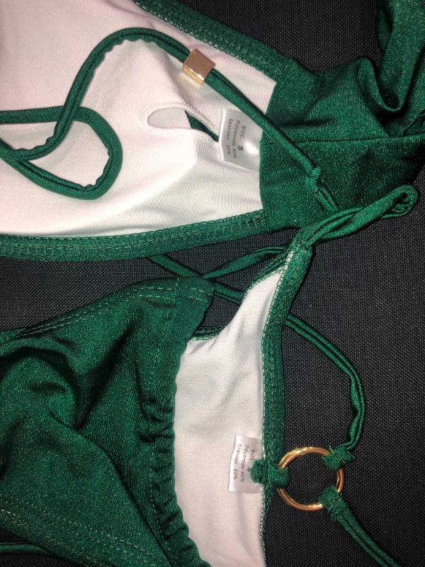 Photo 3 of EMERALD GREEN WOMEN'S 2 PIECE TIE-UP BIKINI, W GOLD HARDWARE ACCENTS. SIZE SMALL 