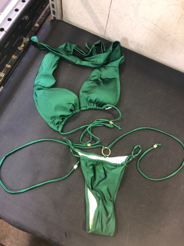 Photo 1 of EMERALD GREEN WOMEN'S 2 PIECE TIE-UP BIKINI, W GOLD HARDWARE ACCENTS. SIZE SMALL 