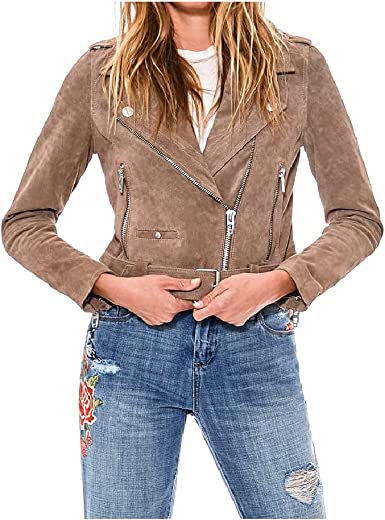 Photo 1 of [BLANKNYC] Womens Luxury Clothing Cropped Suede Leather Motorcycle Jackets, Comfortable & Stylish Coats, SANDY BEIGE, ZIP- UP, SIZE L