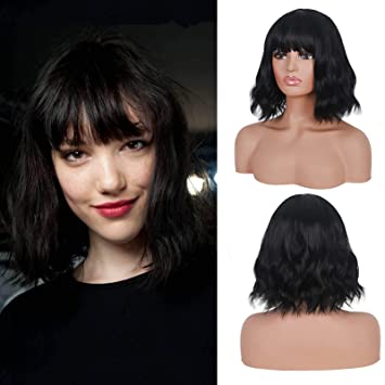 Photo 1 of Black Bob Wig with Bangs for Women, 12inch Natural Short Wavy Wig with Bangs for Black White Girl, Heat Resistant Synthetic Curly Wig suitable for Party, Daily Use, Halloween Cosplay, Date etc
