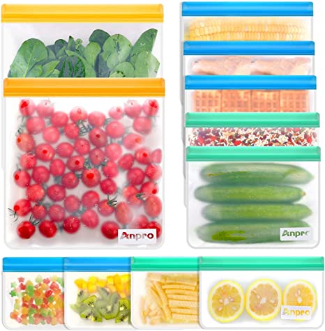 Photo 1 of Anpro Reusable Food Storage Bags Leakproof - 11 Pack Anpro BPA Free Freezer Bags (2 Reusable Gallon Bags, 5 Resuable Sandwich Bags, 4 Reusable Snack Bags), Silicone Bags for Lunch
