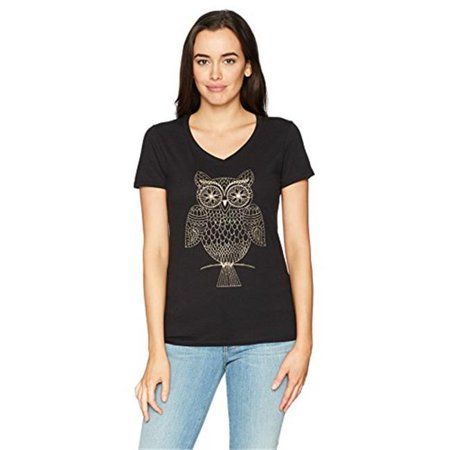 Photo 1 of Hanes 00617914394769 Womens Whoot Whoo Short Sleeve V-Neck Tee, Black - Large
