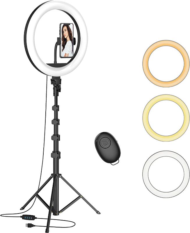 Photo 1 of 12” Selfie Ring Light with 63” Adjustable Tripod Stand and Phone Holder, LED Dimmable Ringlight with Remote, for Live Stream/Photography/Makeup/YouTube Video, Compatible with Cell Phones, Cameras
