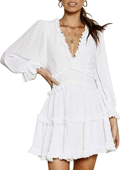 Photo 1 of FASHIONMIA Women Puff Sleeve Bohemian Ruffled Sexy Mini Tiered Deep V Neck Backless Casual Chiffon Flowy Swing Dresses S