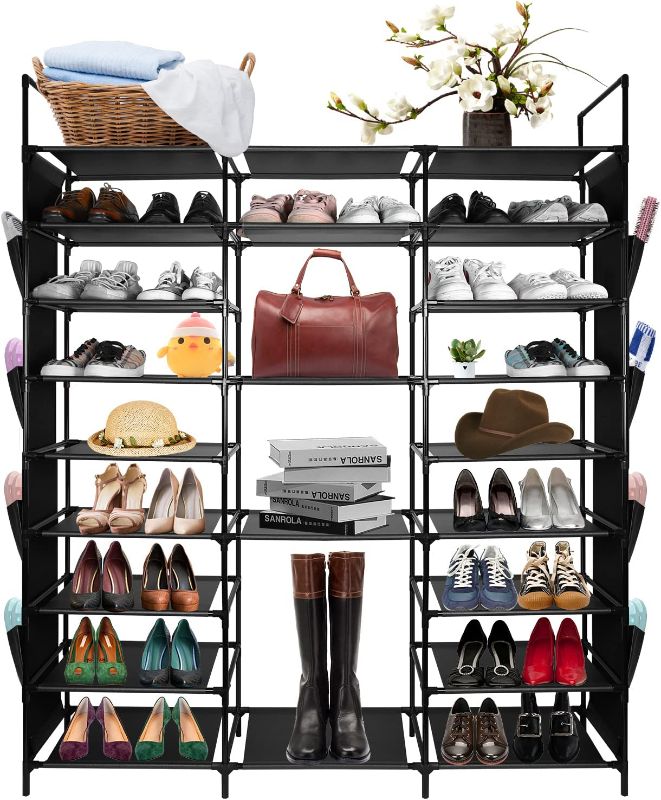 Photo 1 of 9 Tier Large Shoe Rack Stackable, Space Saving Shoe Storage Organizer 36-48 Pairs Vertical Non-Woven Tall Shoe Shelf Sturdy High Boots Rack with Side Pockets for Closet, Entryway and Garage