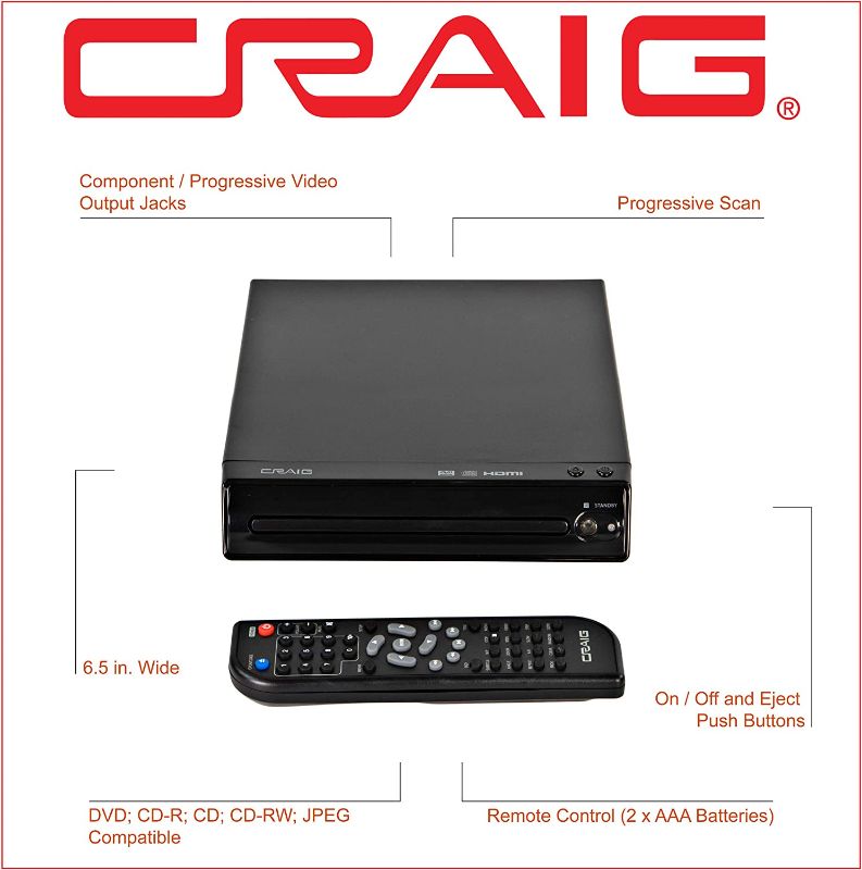 Photo 2 of Craig CVD512a Compact DVD Player with Remote in Black | Compatible with DVD/DVD-R/DVD-RW/JPEG/CD-R/CD-RW/CD | Progressive Scan | Multilingual Supported |