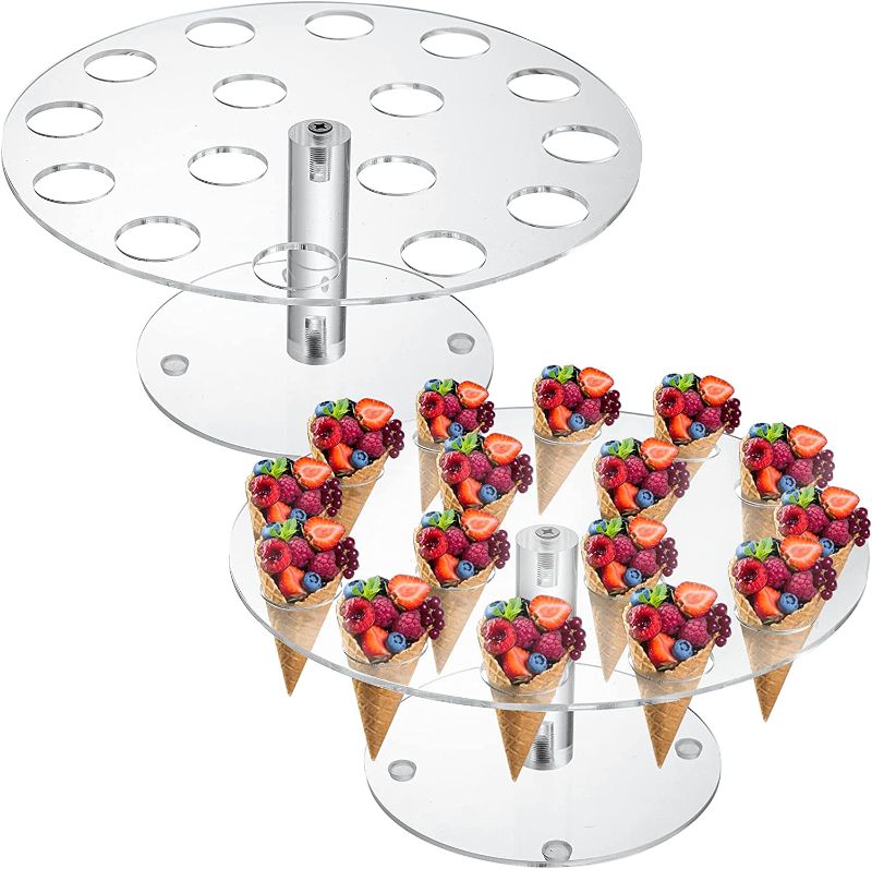 Photo 1 of  Peohud 2 Pack Ice Cream Cone Holder, 16 Holes Acrylic Ice Cream Cone Display Stand, Clear Waffle Hand Roll Sushi Display Rack for Weddings, Birthday Parties, Anniversaries, Round