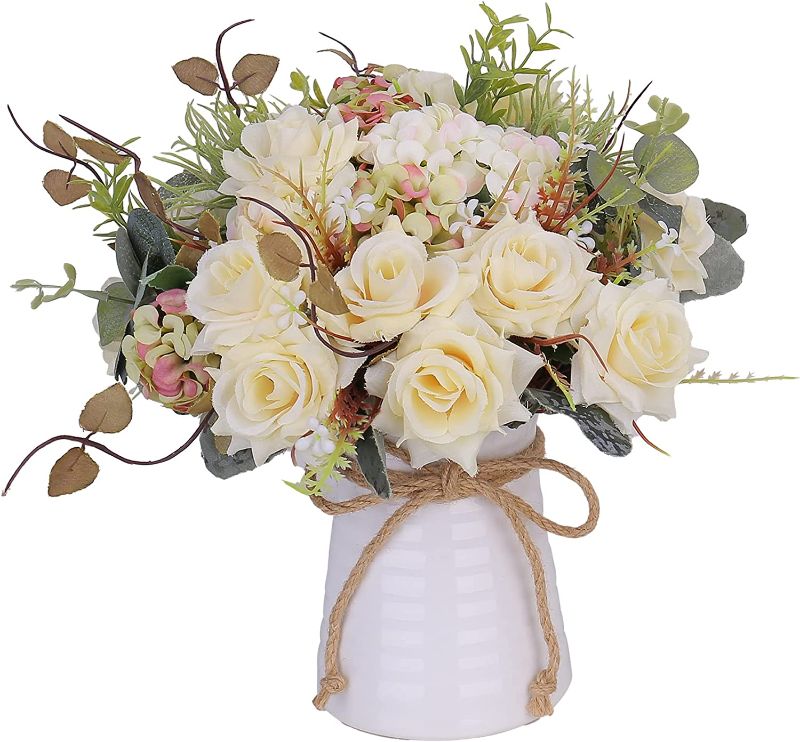 Photo 1 of Artificial Flowers with Vase Silk Fake Roses Wedding Flowers Bouquets for Home Table Office Party Patio Decoration (White-3)