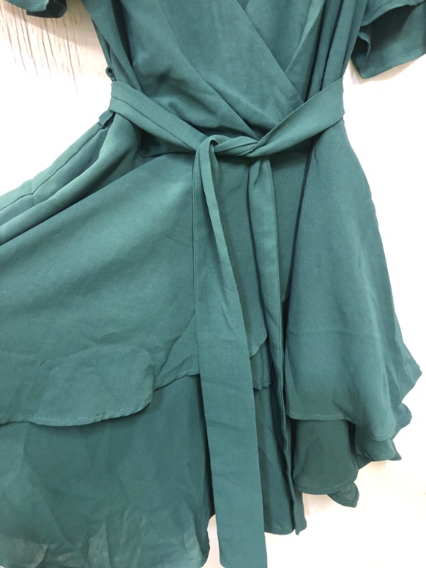 Photo 2 of DARK FOREST GREEN V NECK PARTY DRESS W SASH TO TIE AROUND WAIST, SIZE S