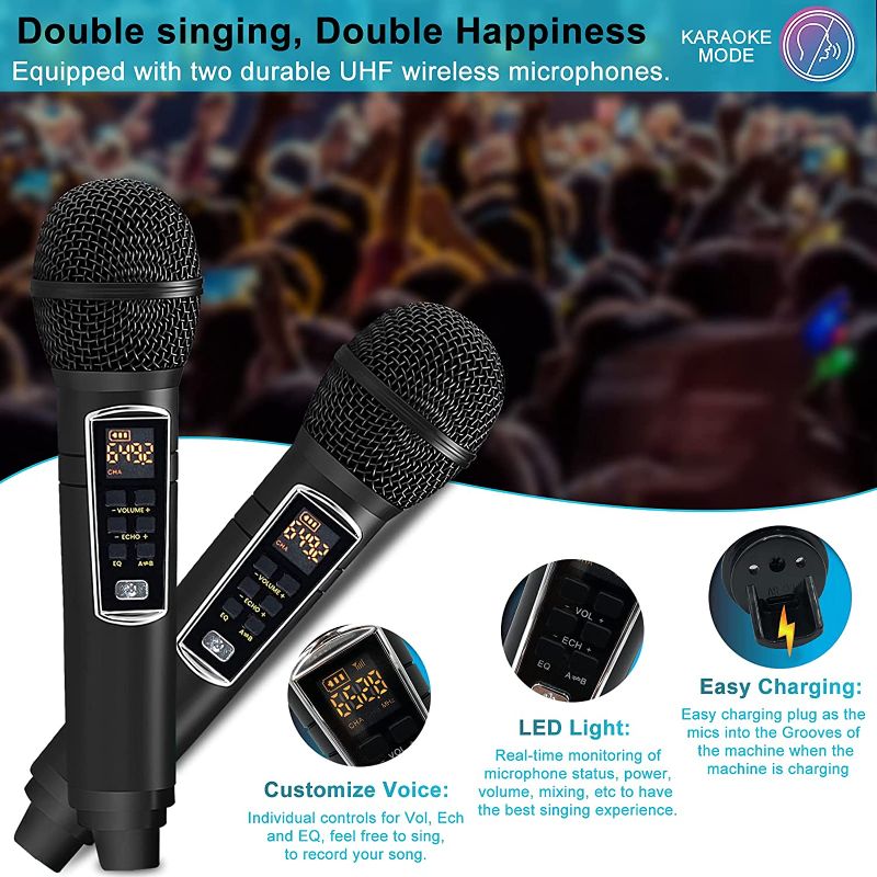 Photo 4 of Karaoke Machine, ALPOWL Portable PA Speaker System With 2 Wireless Microphone for Home Party, Meeting, Wedding, Church, Picnic, Outdoor/Indoor (Black)