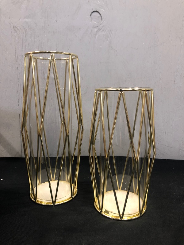 Photo 3 of 2Pcs/ Set Glass Flower Vase Metal Stand, Hand-Plated Geometric Centerpiece Gold, Glass Geometric Vases for Flowers Rose Centerpieces Home Table