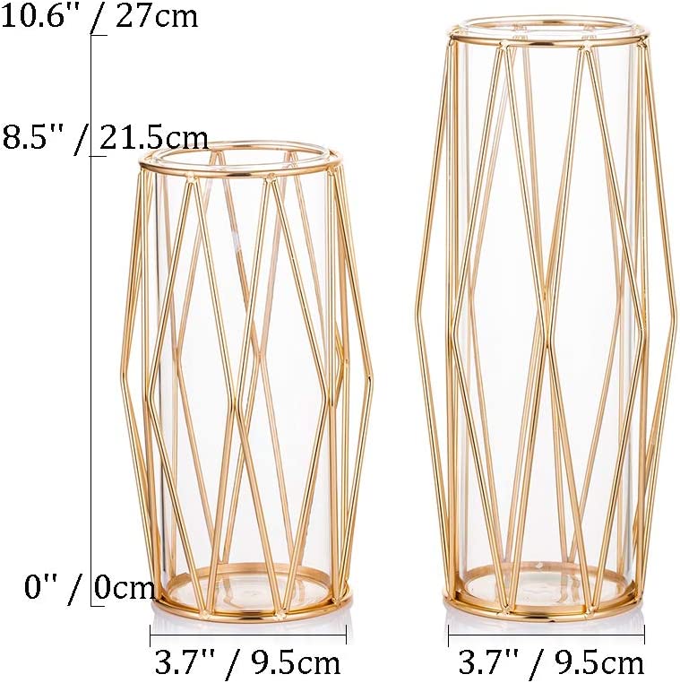 Photo 2 of 2Pcs/ Set Glass Flower Vase Metal Stand, Hand-Plated Geometric Centerpiece Gold, Glass Geometric Vases for Flowers Rose Centerpieces Home Table