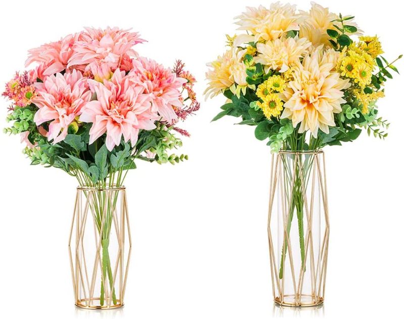 Photo 1 of 2Pcs/ Set Glass Flower Vase Metal Stand, Hand-Plated Geometric Centerpiece Gold, Glass Geometric Vases for Flowers Rose Centerpieces Home Table