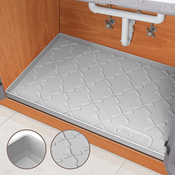 Photo 1 of SIKADEER Under Sink Mat for Kitchen Waterproof, 34" x 22" Silicone Under Sink Liner, Hold up to 3.3 Gallons Liquid, Kitchen Bathroom Cabinet Mat and Protector for Drips Leaks Spills Tray (Grey)
