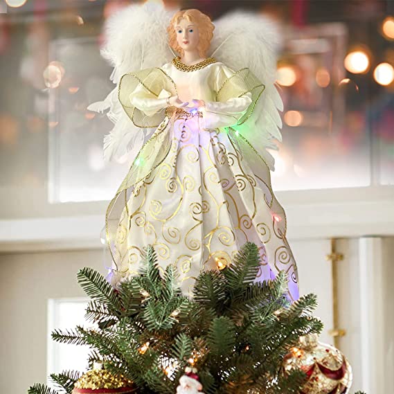 Photo 1 of Angel Christmas Tree Topper Ornament with White Feather Wings, Xmas Trees Topper Star for Home Holiday Party Christmas Trees Decorations - Gold, 12 Inch
