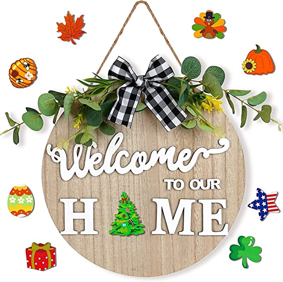 Photo 1 of Fall Wreaths for Front Door-Interchangeable Seasonal Welcome Porch Decor- Rustic Wood Round Wreath Wall Hanging Outdoor Holiday Decorations for Housewarming Gifts Halloween Christmas Garden
