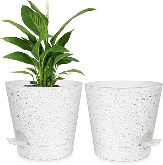 Photo 1 of 8 Inch Speckles Plant Pots, Plastic Self Watering Planters with High Drainage Holes and Saucers for Indoor Plants and Flowers, White
