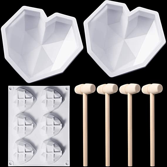 Photo 1 of 3 Pieces Heart Chocolate Molds Valentine's Day 3D Diamond Geometric Heart Love Shape Silicone Cake Mold with 4 Pieces Wooden Hammers Mallet Pounding Toy and Chocolate Molds for Making Cake (White)
