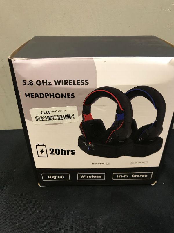 Photo 5 of WallarGe Wireless Headphones for TV Watching with 5.8GHz RF Transmitter Charging Dock, Plug and Play, 100 Ft Wireless Range, Rechargeable 20 Hour Battery (Black with Red) --- UNABLE TO FULLY TEST 
