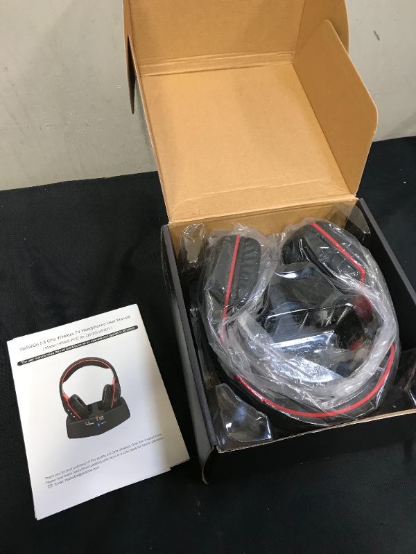 Photo 2 of WallarGe Wireless Headphones for TV Watching with 5.8GHz RF Transmitter Charging Dock, Plug and Play, 100 Ft Wireless Range, Rechargeable 20 Hour Battery (Black with Red) --- UNABLE TO FULLY TEST 
