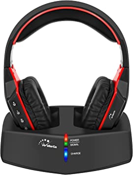 Photo 1 of WallarGe Wireless Headphones for TV Watching with 5.8GHz RF Transmitter Charging Dock, Plug and Play, 100 Ft Wireless Range, Rechargeable 20 Hour Battery (Black with Red) --- UNABLE TO FULLY TEST 
