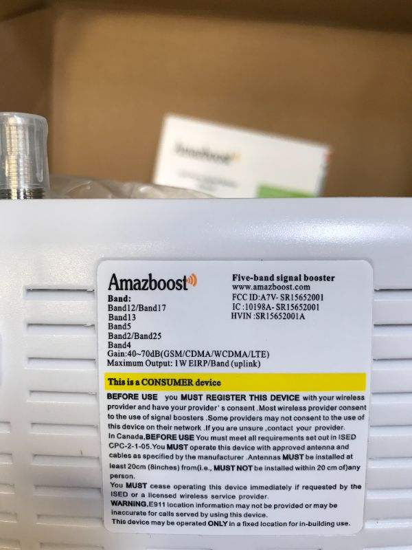 Photo 4 of Amazboost Cell Phone Signal Booster for Home and Office - Up to 1,500 Square ft, 5 Band Cell Phone Booster 3G 4G LTE, Cell Booster for All US Carriers - Support Band 2/4/5/12/13/17/25 - FCC Approved ---- unable to test 
