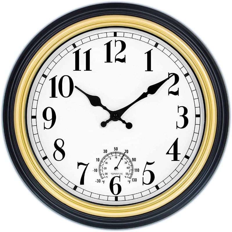 Photo 1 of 45Min 12 Inch Indoor/Outdoor Retro Round Waterproof Wall Clock with Thermometer, Silent Non Ticking Battery Operated Quality Quartz Wall Clock Home/Patio Decor
