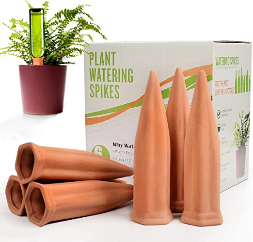 Photo 1 of B SEPOR Ceramic Plant Waterer Set of 6 Pack Terracotta Self Watering Spikes,Wine Bottle Plant Watering Devices for Vacation (6Pack)
