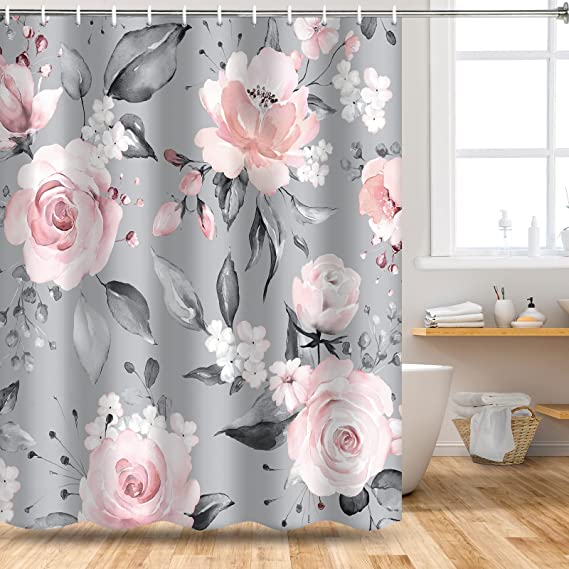 Photo 1 of Floral Shower Curtain Pink Flowers Shower Grey Leaves Bath Curtain Blossom Peony Rose Shower Curtain Pretty Boho Waterproof Bath Curtain with Hooks for Bathroom
