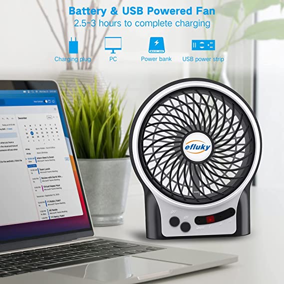 Photo 1 of efluky 3 Speeds Mini Desk Fan, Rechargeable Battery Operated Fan with LED Light and 2200mAh Battery, Portable USB Fan Quiet for Home, Office, Travel, Camping, Outdoor, Indoor Fan, 4.9-Inch,White
