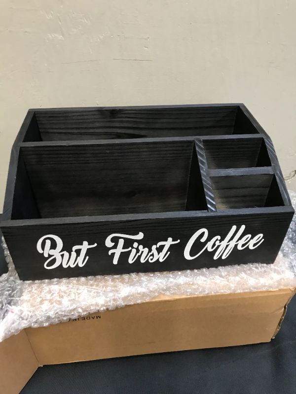 Photo 4 of Coffee Organizer Station for Countertop, Wooden Coffee Bar Accessories and Organizer, But First Coffee Bar Sign Bin Box, Coffee Pod Holder Storage Basket, Coffee Condiment Bar Cabinet, Container
