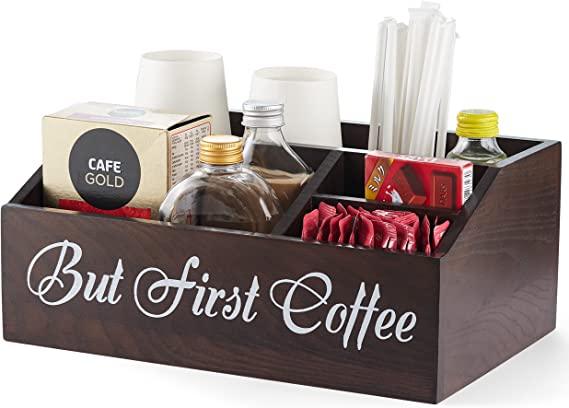 Photo 1 of Coffee Organizer Station for Countertop, Wooden Coffee Bar Accessories and Organizer, But First Coffee Bar Sign Bin Box, Coffee Pod Holder Storage Basket, Coffee Condiment Bar Cabinet, Container
