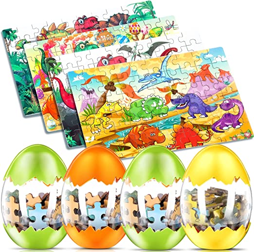 Photo 1 of Dinosaur Jigsaw Puzzles for Little Ones Ages 5-8, 4 Pack 100 Pieces Dinosaur Puzzles with Easter Eggs Dino Toys Easter Basket Stuffers Puzzles Dinosaur Egg Party Favors for 3 4 5 6 7 8 Years
