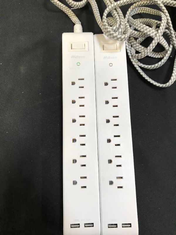 Photo 3 of 2 Pack Surge Protector Power Strip with 6 Outlets 2 USB Ports, 5-Foot Long Heavy-Duty Braided Extension Cords, Flat Plug, 900 Joules --- LIGHT DOESNT TURN ON FOR ONE STRIP BUT FUNCTIONAL 
