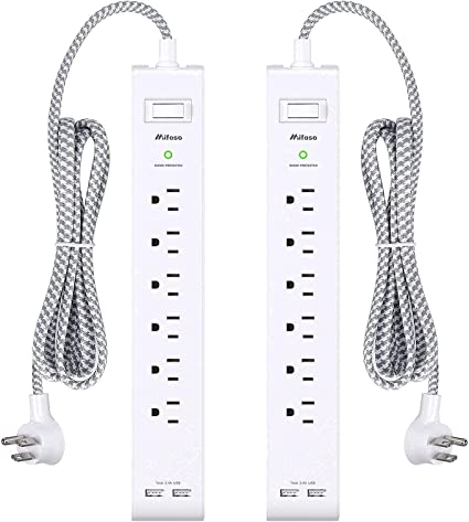 Photo 1 of 2 Pack Surge Protector Power Strip with 6 Outlets 2 USB Ports, 5-Foot Long Heavy-Duty Braided Extension Cords, Flat Plug, 900 Joules --- LIGHT DOESNT TURN ON FOR ONE STRIP BUT FUNCTIONAL 
