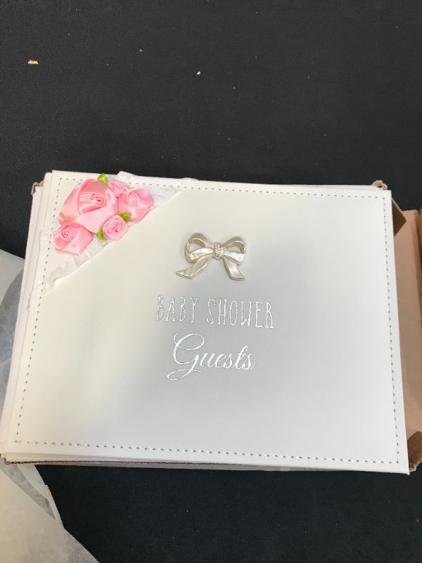 Photo 2 of Happy Homewares Beautiful Baby Shower Guest Book with Pink Faux-Silk Roses and Silver Metal Double Bow Inner Pages Read Family & Friends to Write
